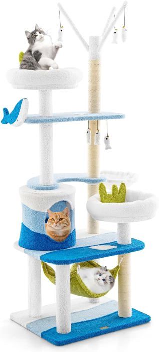 Comparer les prix de Arbre à Chat MultiNiveaux - GOPLUS - Style Océanne - avec Grattoir en Sisal - Boule - 3 Jouets Suspendus - Hamac-165cm